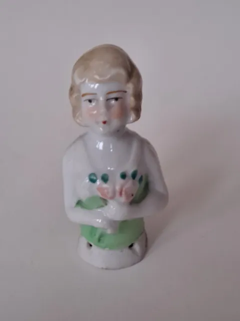 Vintage Japanese  Porcelain Pin Cushion Lady Half Doll Pin Doll, 2.5" High, Vgc