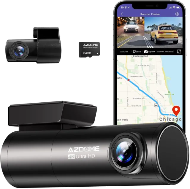 AZDOME WIFI 4K Dash Cam UHD 3840x2160P GPS Voice Control 1080P Backup Camera 64G