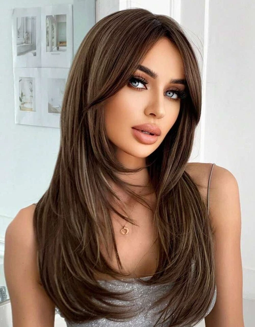 Perruque Synthétique Longue Brune Marron Cendré Lisse Avec Frange - Inclut +1 Bonnet - Neuf Sans étiquettes