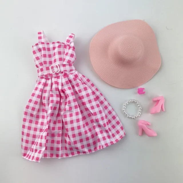 Barbie Sindy Fashion Doll Clothes Outfit Pink Gingham Dress & Hat Movie Inspired