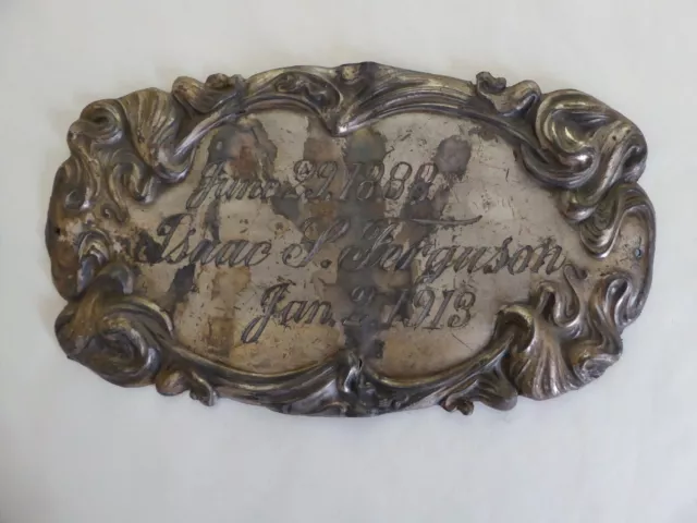 Vintage 1913 Victorian Funeral Casket Coffin Plaque Plate (Isaac Ferguson)