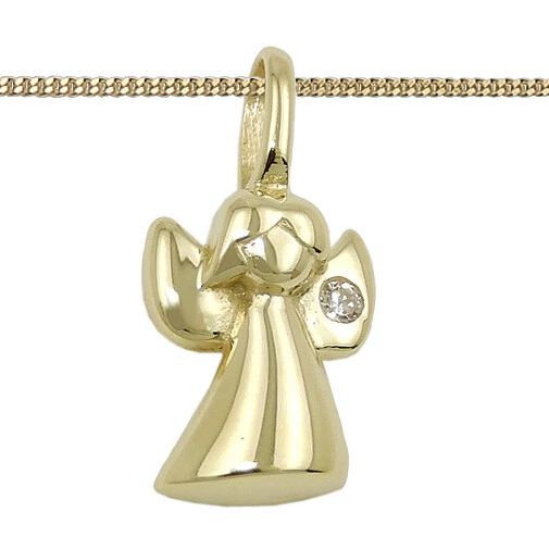 moderner Kinder Zirkonia Schutz Engel Echt Gold 585 + Kette Silber 925 vergoldet
