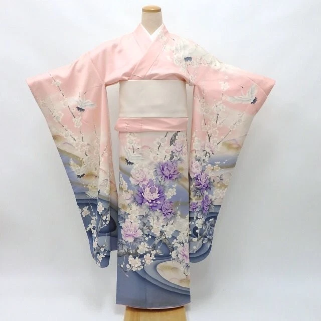 Furisode Kimono Robe L-XL Size Silk Wedding Dress Vintage Pink Floral  F/S