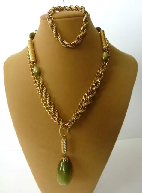 Sarah Coventry Golden Avocado Necklace Bracelet Set Green Moonglow Gold Tone