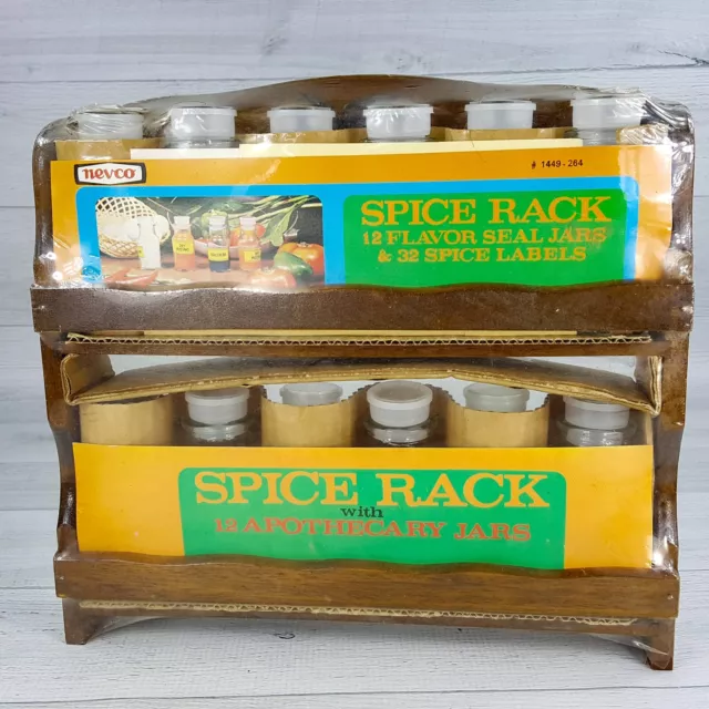 Vintage Nevco Wood 12 Jar Spice Rack Glass Apothecary Jars w/ Spice Labels NEW