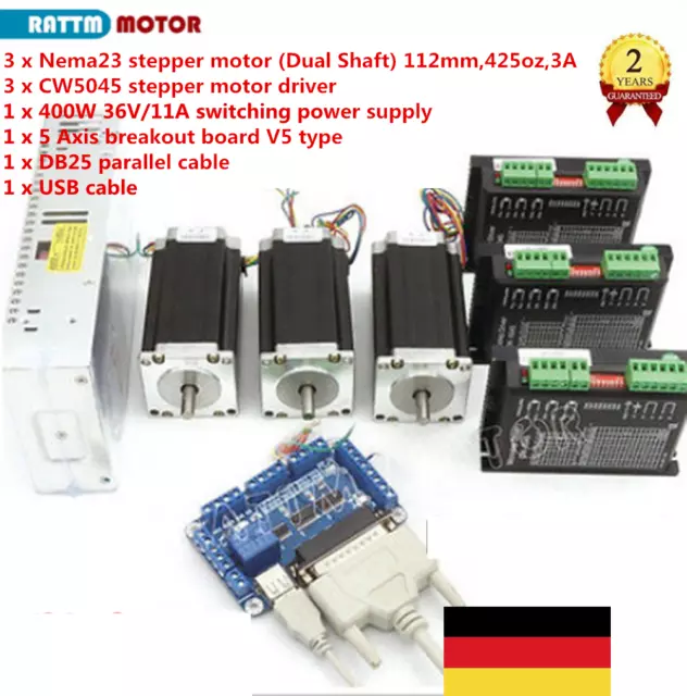 3 Axis Nema 23 Dual Shaft Stepper Motor 425oz-in 3A+ Driver MACH3 CNC Router Kit