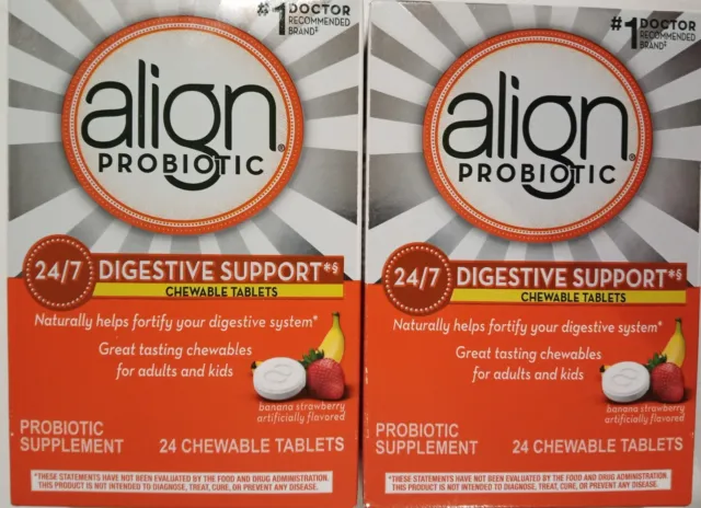 2 Align Probiotic Supplement 24/7 Digestive Support Banana Straw 24 X2 48 Chews!