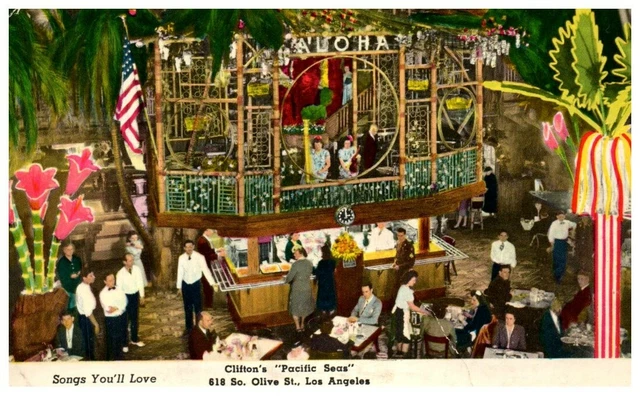 Clifton's Pacific Seas,Tiki Restaurant,Los Angeles,Ca.vtg Postcard*A7