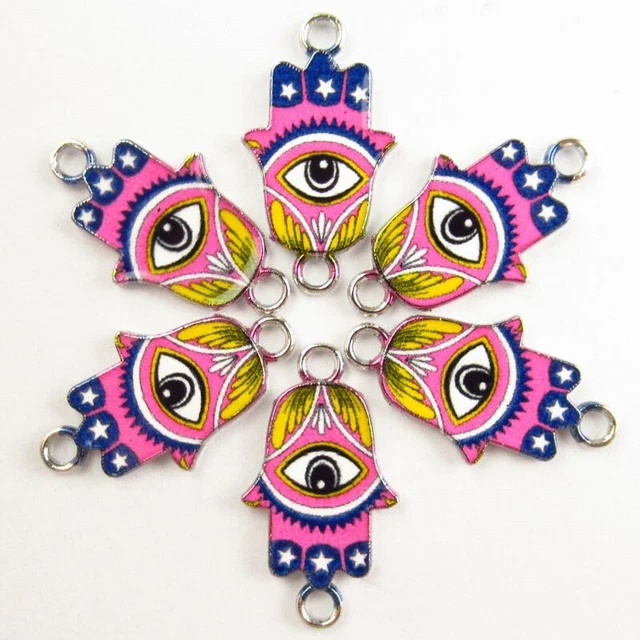6Pcs Peach Blue Enamel Tibetan Silver Evil Eye Hand Pendant Bead PJ2927