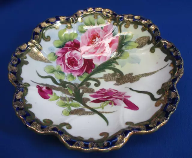 Hand-Painted Nippon / Japan Cobalt & Heavy Gold Pink & Red Roses Bowl 9.5"Dia 2