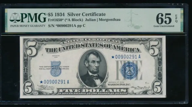 AC 1934 $5 Silver Certificate STAR PMG 65 EPQ *-A block Fr 1650*