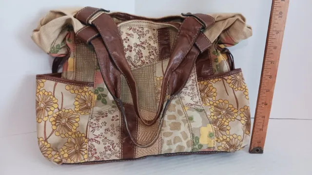 Vintage Fossil Leather & Canvas Patch Work Boho Hippie Style Shoulder Bag