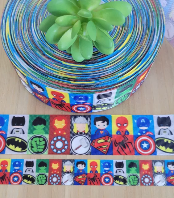 7/8 & 1.5 Inch (1 YD) Superhero Grosgrain Ribbon Marvel Hulk Batman Spider-Man