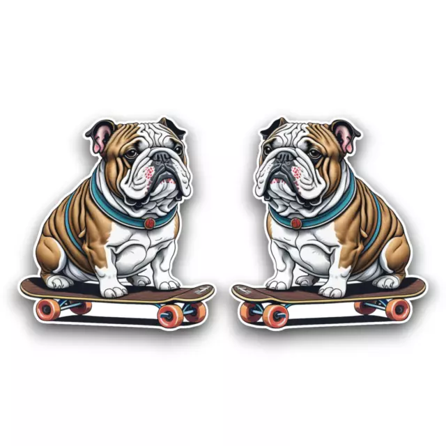 2x Pequeño Divertido Bulldog Encendido Patín Pegatina Vinilo para Coche Ventana