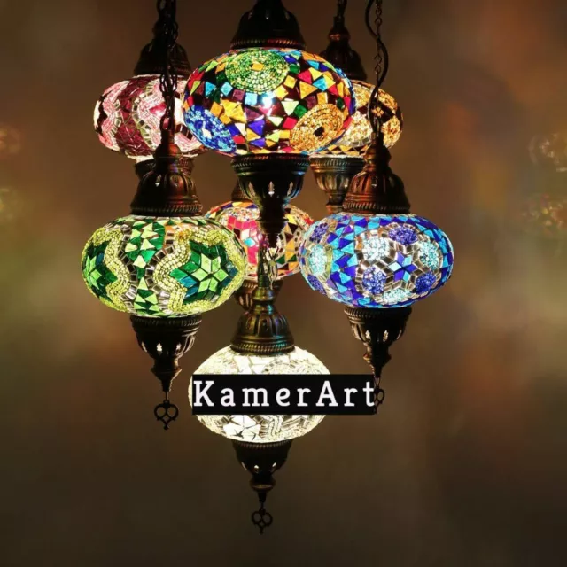 Turkish Moroccan Lamp Chandelier Ceiling Mix Colours 7 Globes With Bulbs