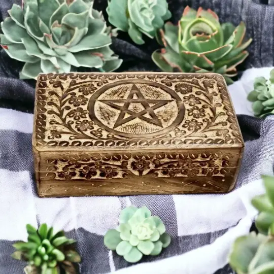 Pentagram Wooden Box Mystical Keepsake Wicca Pagan Rustic Spiritual Decor