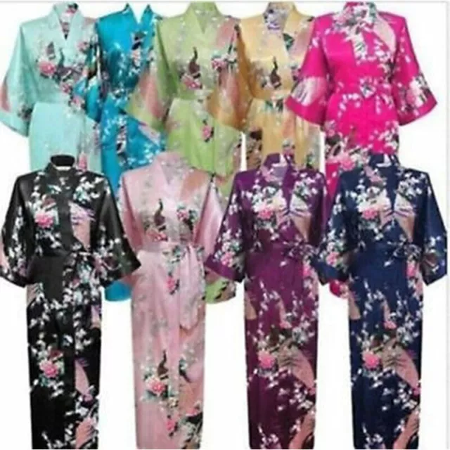 Womens Satin Silk Robe Kimono Floral Nightgown Bathrobe Long Sleepwear Underwear