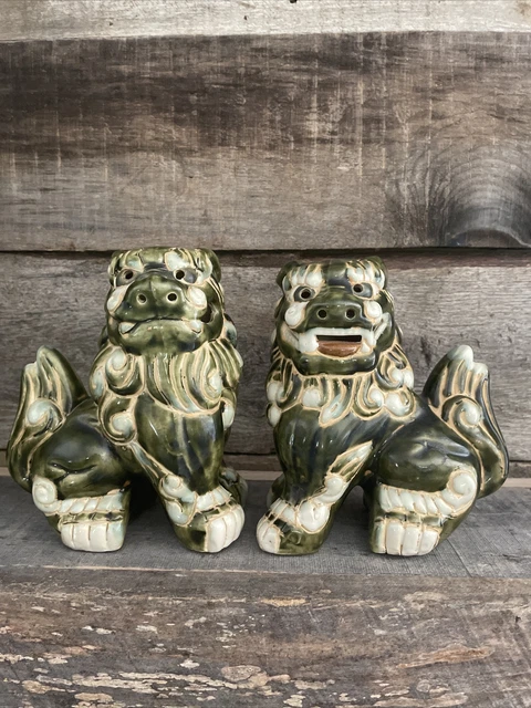 Set 2 Medium To Large Foo Dog Green Ceramic Guardian Lions Mid Century 1960's