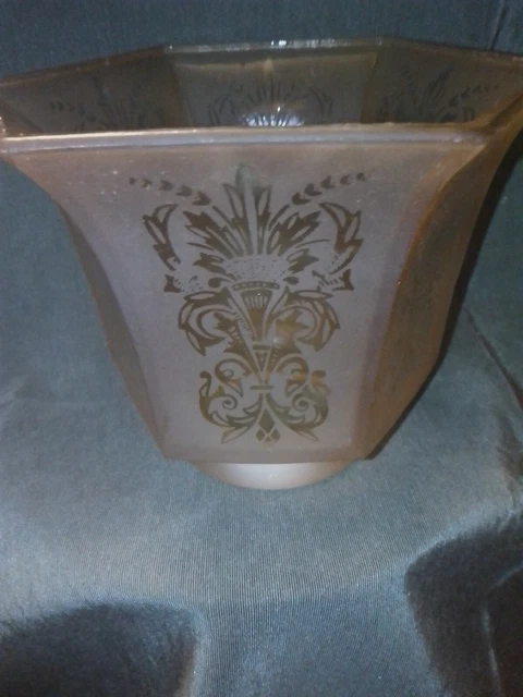 Antique French Glass Shade Hex Base Peach Tint Etched Fleur De Lis 3"Fitter