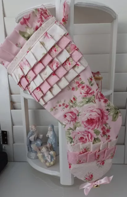 Shabby Cottage Chic pink roses ruffle Christmas Stocking OOAK