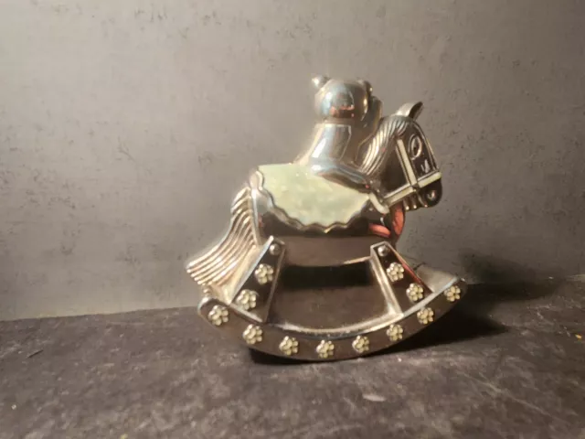 Silverplated Teddy Bear Riding A Rocking Horse Coin Bank Metal Vintage