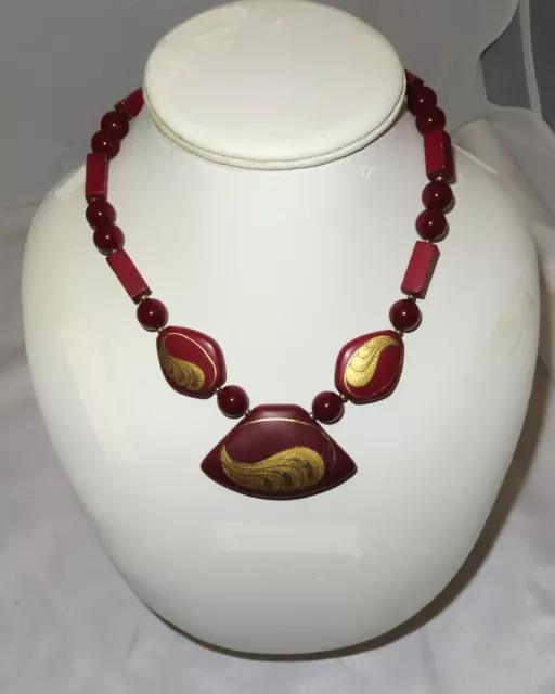vintage art-deco necklace with wood or resin pendant and beads, 18 inches