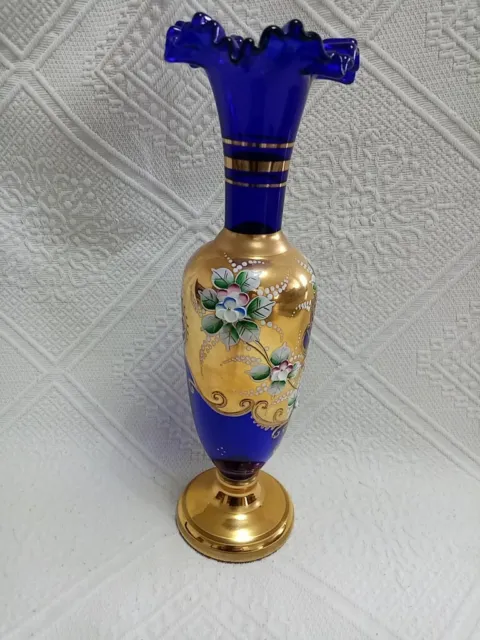 Bohemia Glasvase Vase Tischvase blau Blumen Bohemia. Blumenvase. ca. 32,5 cm.
