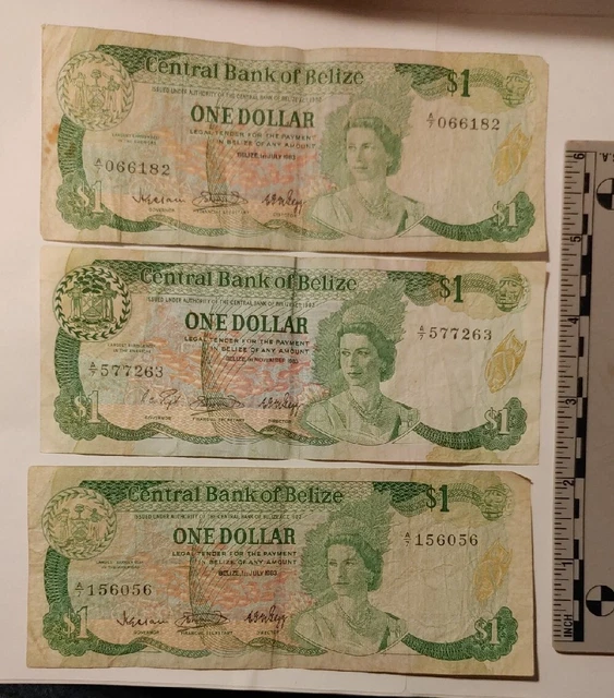 BELIZE 1 DOLLAR BILL 1983 QUEEN BILL BANK NOTE Circulated (3) NOTES AS-IS USED