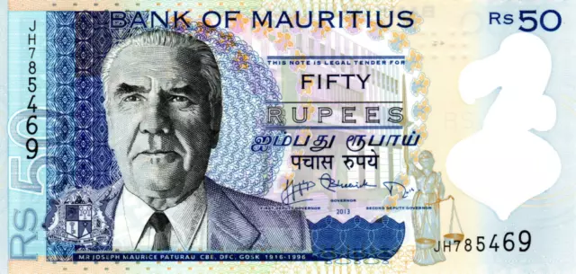 Mauritius 50 Rupees 2013 UNC Polymer Banknote P-65 Prefix JH Paper Money