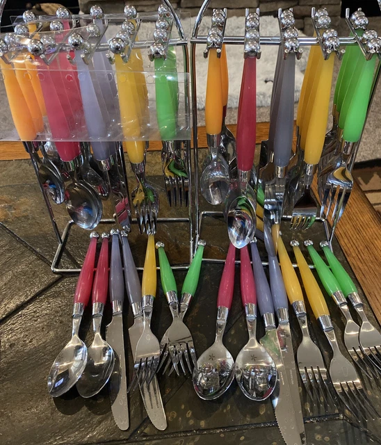 Lot Of 55 Rainbow Stainless Flatware Plastic Handle Silverware Colorful Fun! EUC