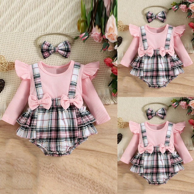 Newborn Baby Girls Romper Dress Check Ruffle Long Sleeve Bow Outfit Headband Set