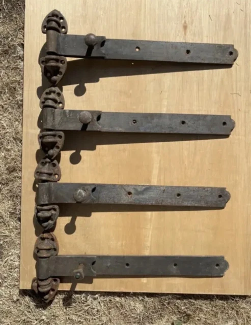 Rare Vintage Victorian Cast Iron Hinges & Latch Large Hand Forged Metal Strap