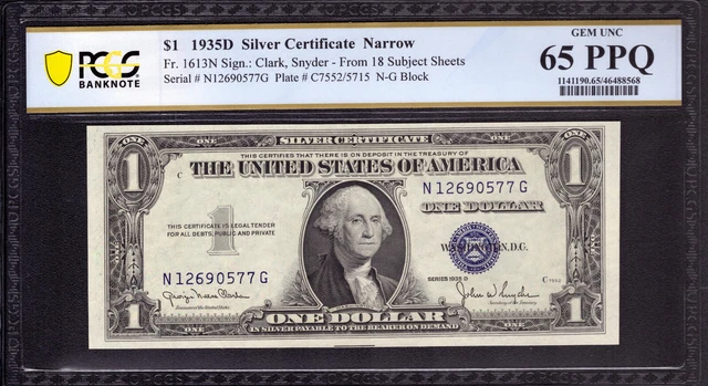 1935 D $1 Silver Certificate Narrow Fr.1613N Ng Block Sub 18 Pcgs B Gem 65 Ppq