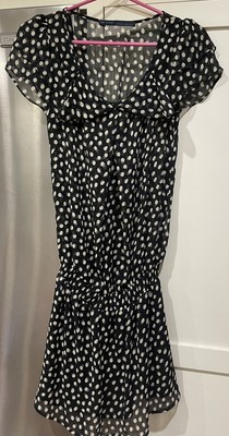 NEW Zara Basics Women's Sz M Black White Polka Dots Sheer Poly Drop Waist Dress