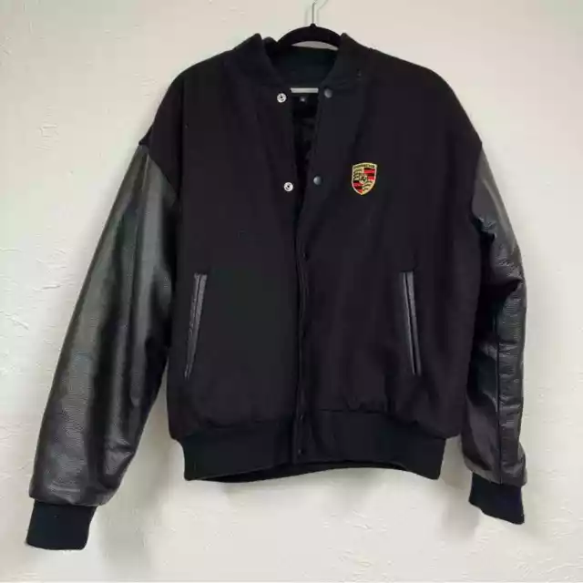 Porsche Vintage Black Leather & Wool Letterman Bomber Varsity Jacket Mens M