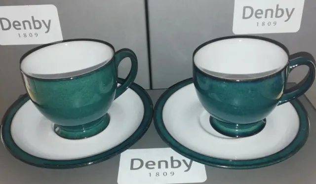2 Denby Greenwich  Footed Tea Cups And Saucers