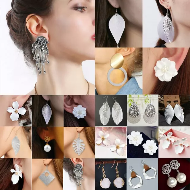 Fashion Resin Flower Crystal Bead Earrings Silver White Drop Dangle Ear Stud HOT