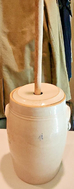 Antique Ceramic Pottery 4 Gallon Butter Churn With Lid and Wooden Paddle/Churn Antique Ceramic Pottery 4 Gallon Butter Churn With Lid and Wooden Paddle/Churn