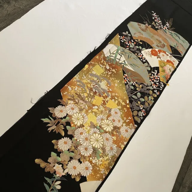 Wabisabi #E 7.5x60 LONG Embroidery Hand Painted Tomesode Black Kimono Silk ToD97