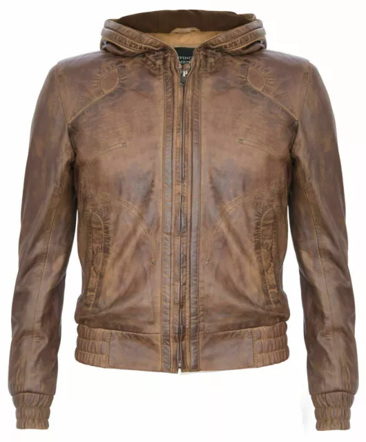 Hombres Vintage Capucha Marrón Piloto Aviador Abrigo Cuero Auténtico Cazadora de