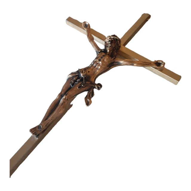 Brass Hanging Wall Cross Crucifix with Pewter Jesus Christ 11" Religous