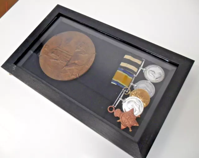 WW1 Medal Trio + Plaque Modern Empty Frame ideal to Display Family History