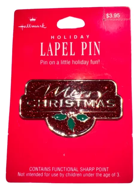 Hallmark Merry Christmas Red Glitter with Holly Brooch or Lapel Pin on Card