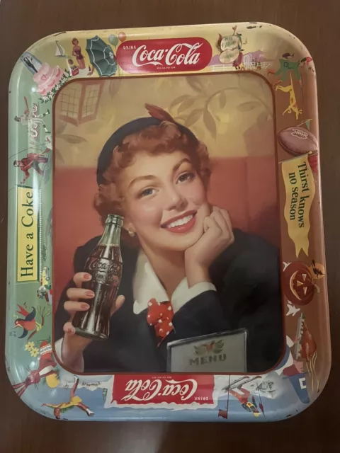 Vintage 1950 Coca-Cola Red Hair Girl w/Hat Advertising Serving Tin Tray Coke