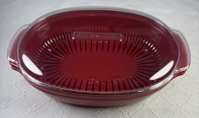 Kitchen Aid Red Microwave Steamer Dish (3 Piece Set) Oval Casserole