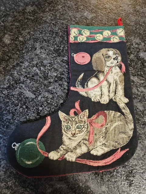 Vintage Tapestry Needlepoint Beagle Dog Tabby Cat Stocking 9” Christmas Bells