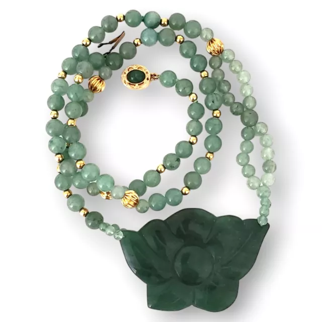 VINTAGE COLLECTABLE HAND Carved Jadeite Green Jade 14K Yellow Gold Bead ...