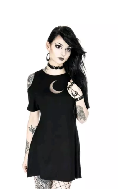 Restyle Crescent Moon Cold Shoulder Black Dress Size Medium Witch Gothic