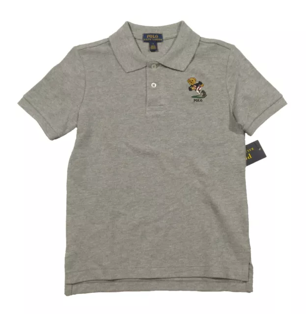 Polo Ralph Lauren Boys Grey Embroidered Football Polo Bear Mesh Polo Shirt