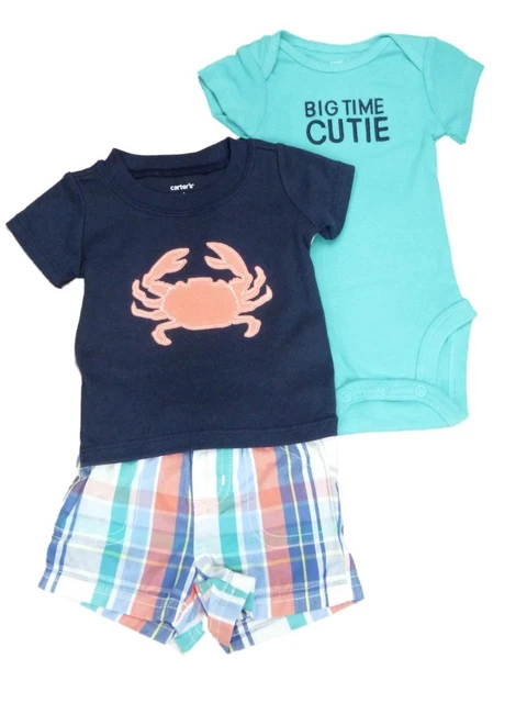Carters Infant Boy 3 Piece Blue Big Time Cutie Crab Shirt Shorts Creeper Set NB